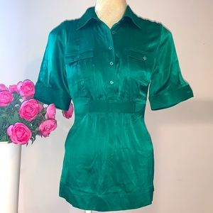 BCBG Stretch SILK Short Sleeve Green Satin Blouse